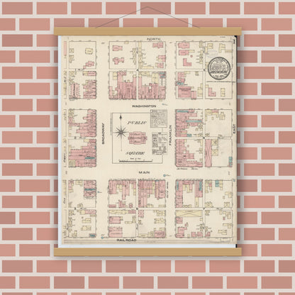 Old map wall art mockup — magnetic wood frame on brick wall — Sanborn Fire Insurance Map from Greensburg, Decatur County, Indiana (1883) - Complete Map Set