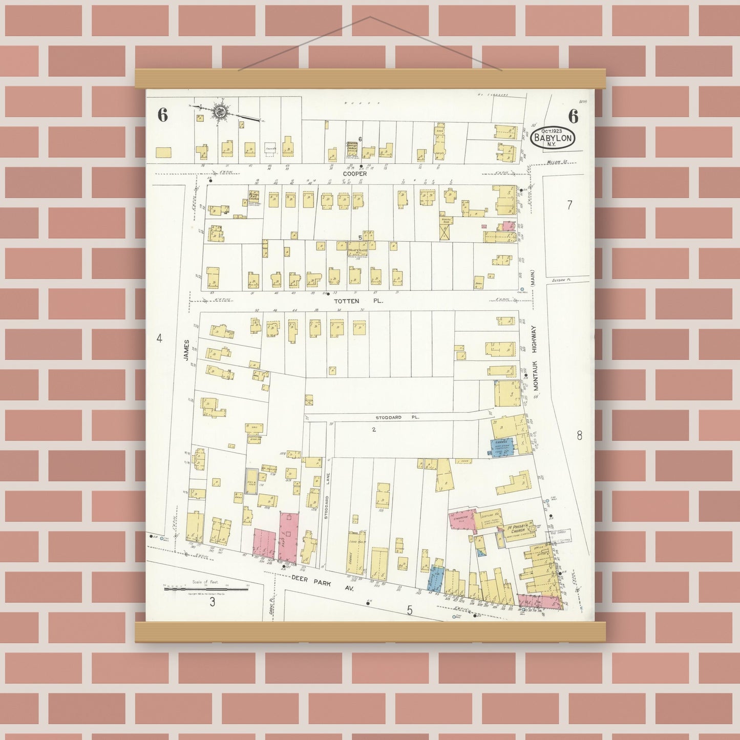 Old map wall art mockup — magnetic wood frame on brick wall — Sanborn Fire Insurance Map from Babylon, Suffolk County, New York (1923), Sheet #0006