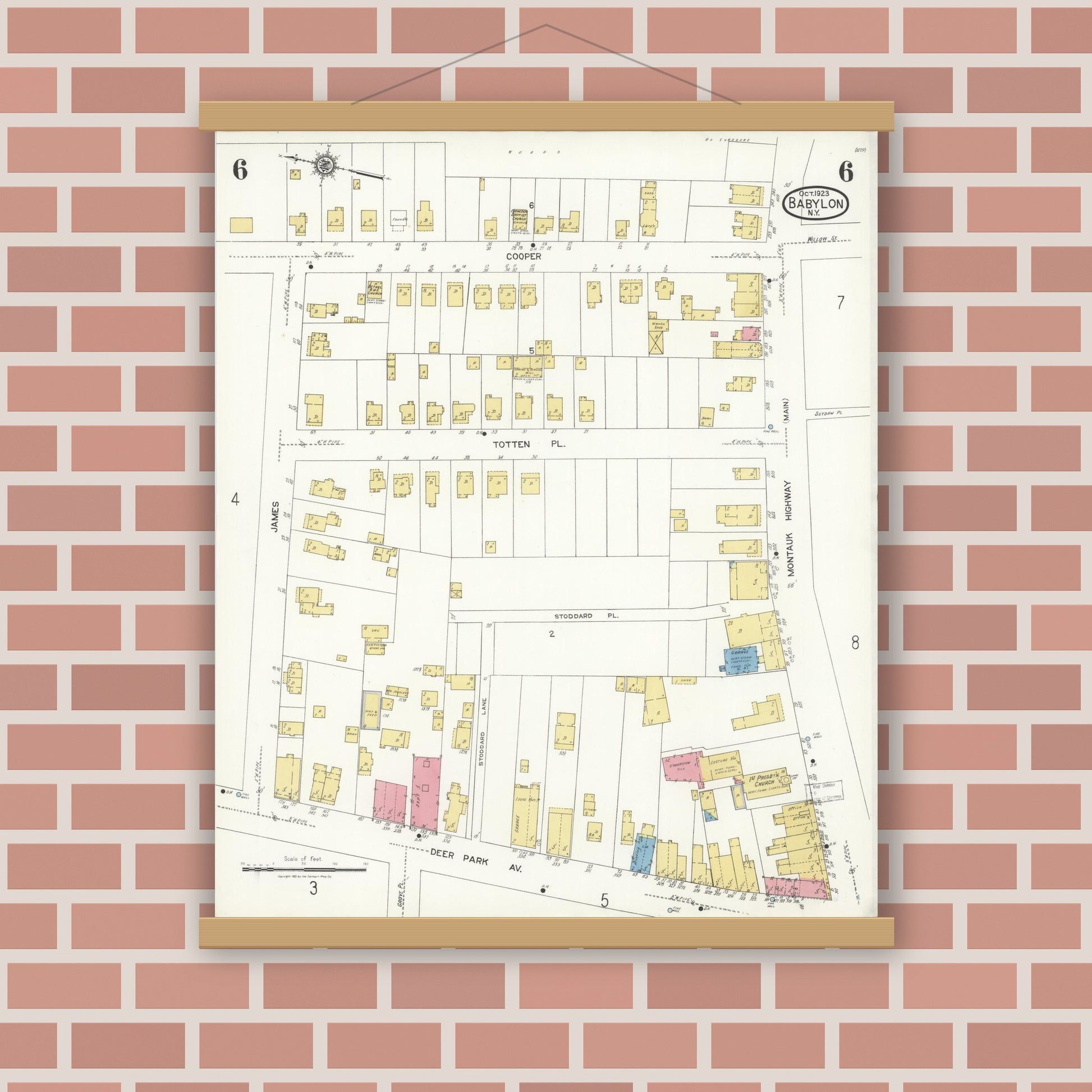 Old map wall art mockup — magnetic wood frame on brick wall — Sanborn Fire Insurance Map from Babylon, Suffolk County, New York (1923), Sheet #0006