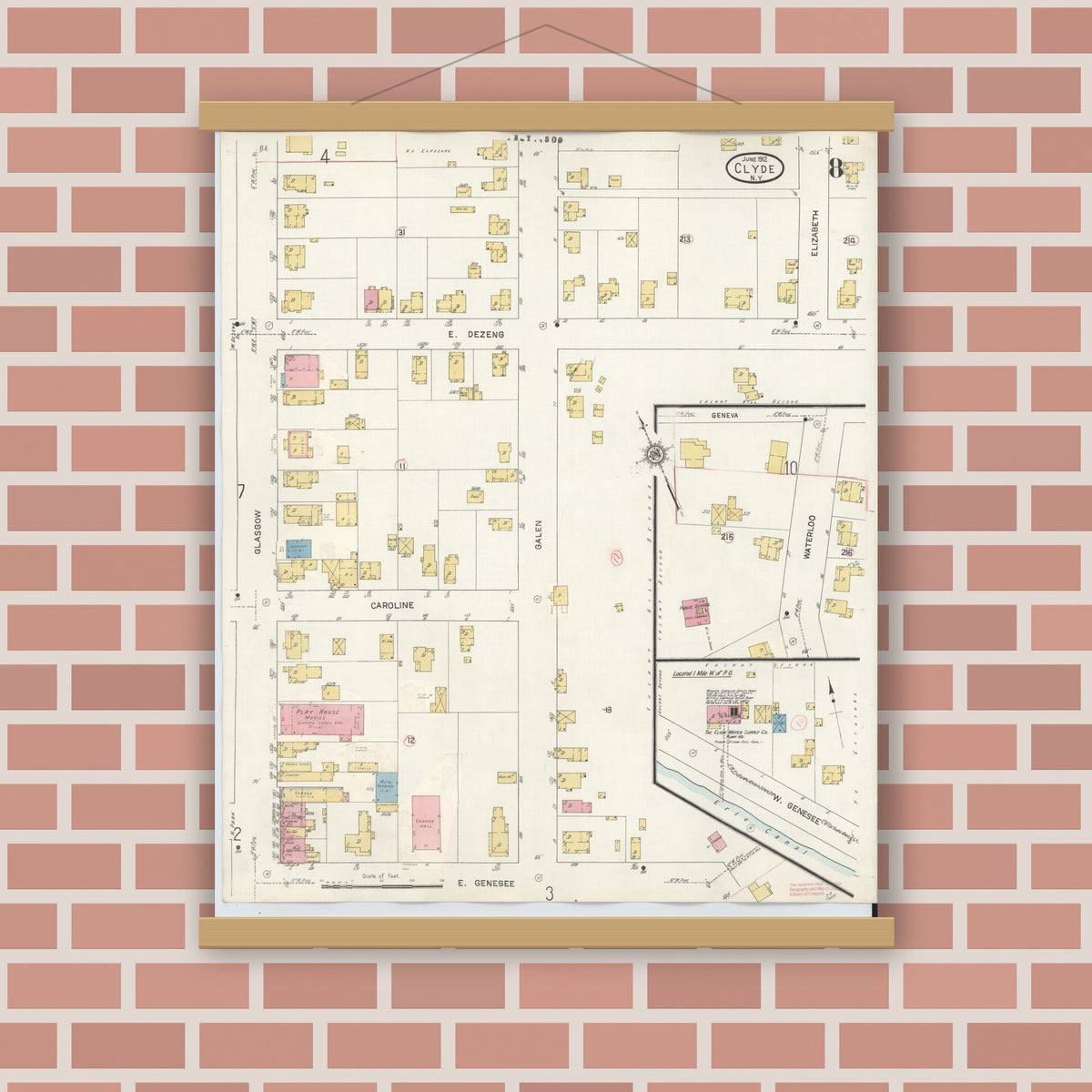Old map wall art mockup — magnetic wood frame on brick wall — Sanborn Fire Insurance Map from Clyde, Wayne County, New York (1932), Sheet #0008