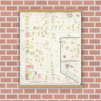 Old map wall art mockup — magnetic wood frame on brick wall — Sanborn Fire Insurance Map from Clyde, Wayne County, New York (1932), Sheet #0008