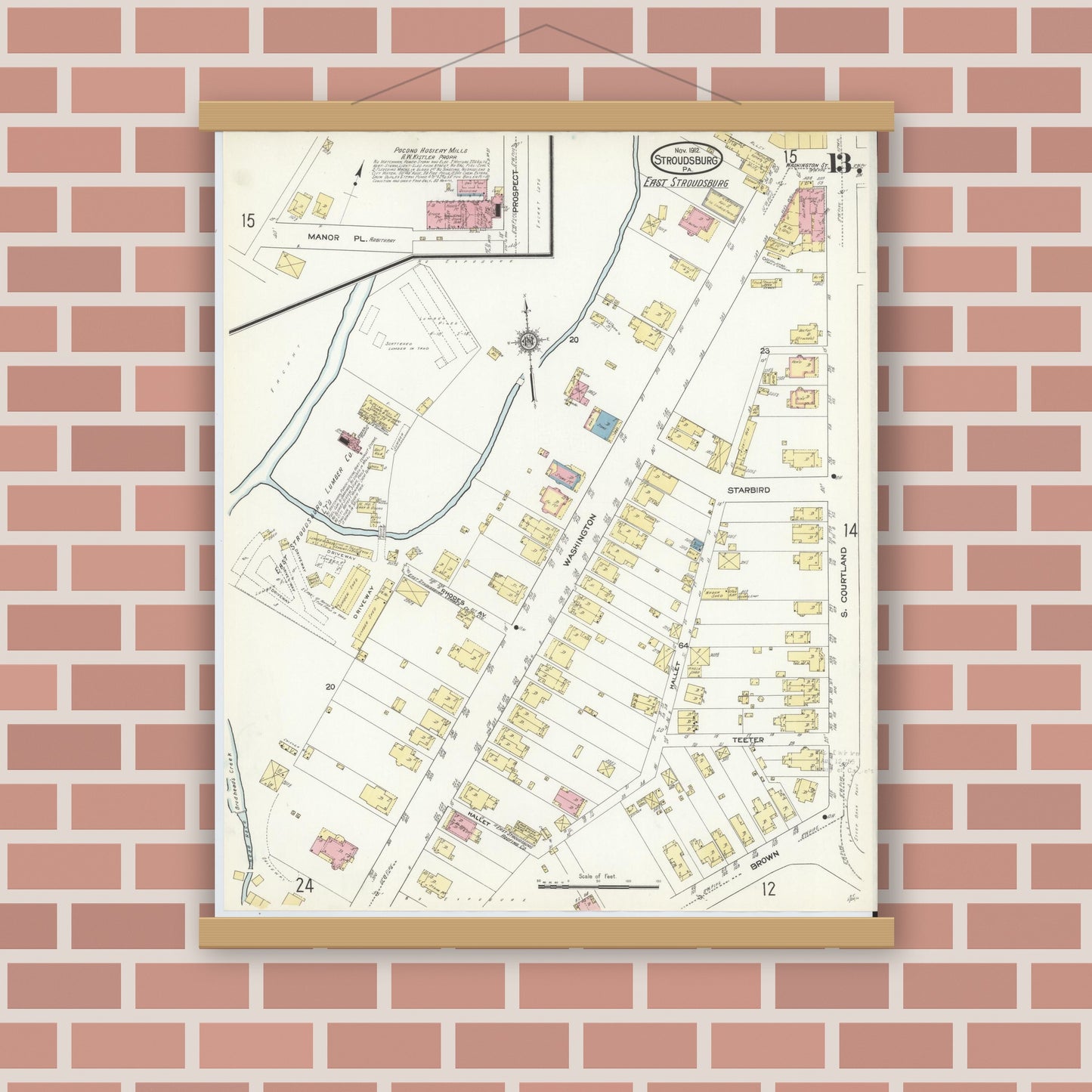 Old map wall art mockup — magnetic wood frame on brick wall — Sanborn Fire Insurance Map from Stroudsburg, Monroe County, Pennsylvania (1912), Sheet #0013