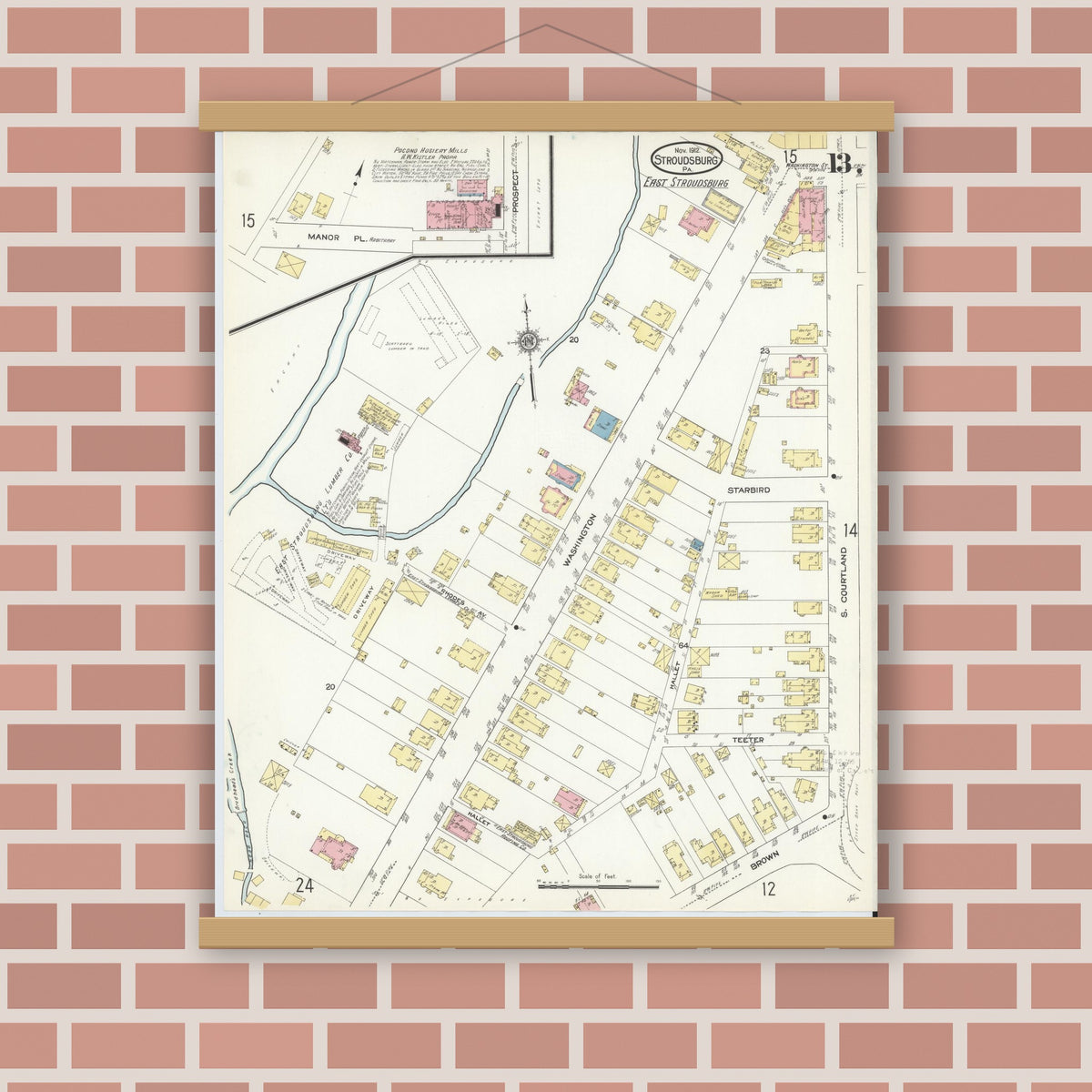 Old map wall art mockup — magnetic wood frame on brick wall — Sanborn Fire Insurance Map from Stroudsburg, Monroe County, Pennsylvania (1912), Sheet #0013