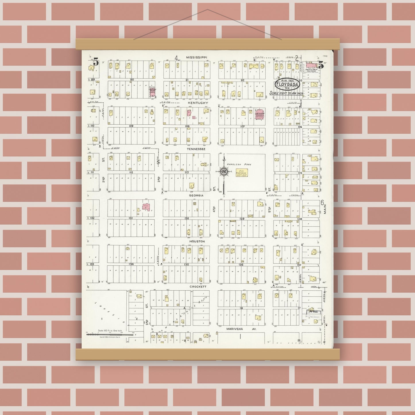 Old map wall art mockup — magnetic wood frame on brick wall — Sanborn Fire Insurance Map from Floydada, Floyd County, Texas (1925), Sheet #0005