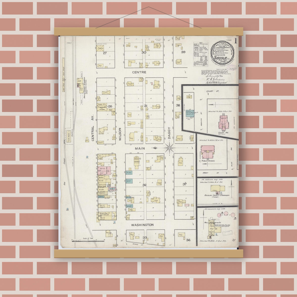 Old map wall art mockup — magnetic wood frame on brick wall — Sanborn Fire Insurance Map from Tuscola, Douglas County, Illinois (1887), Sheet #0001