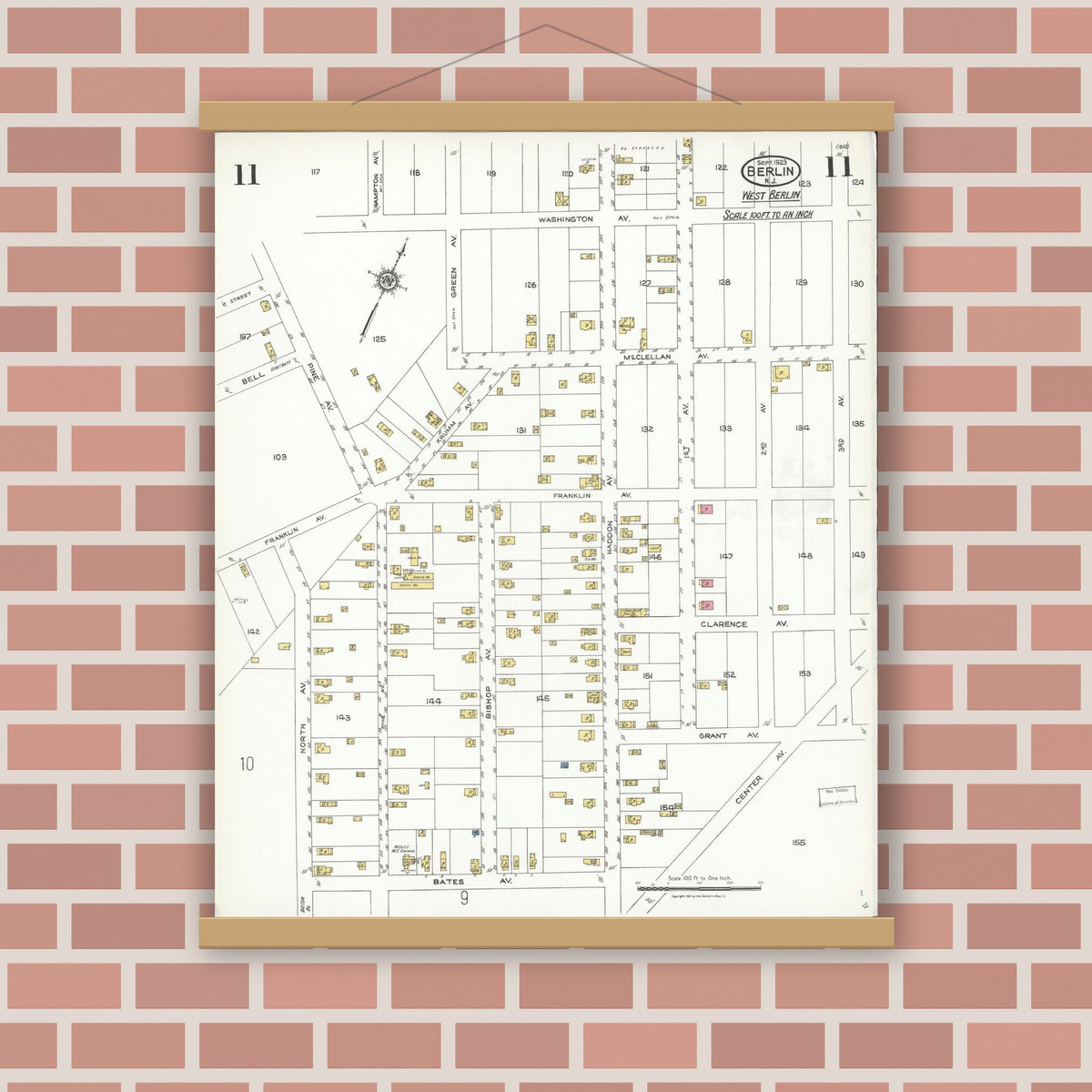 Old map wall art mockup — magnetic wood frame on brick wall — Sanborn Fire Insurance Map from Berlin, Camden County, New Jersey (1923), Sheet #0011