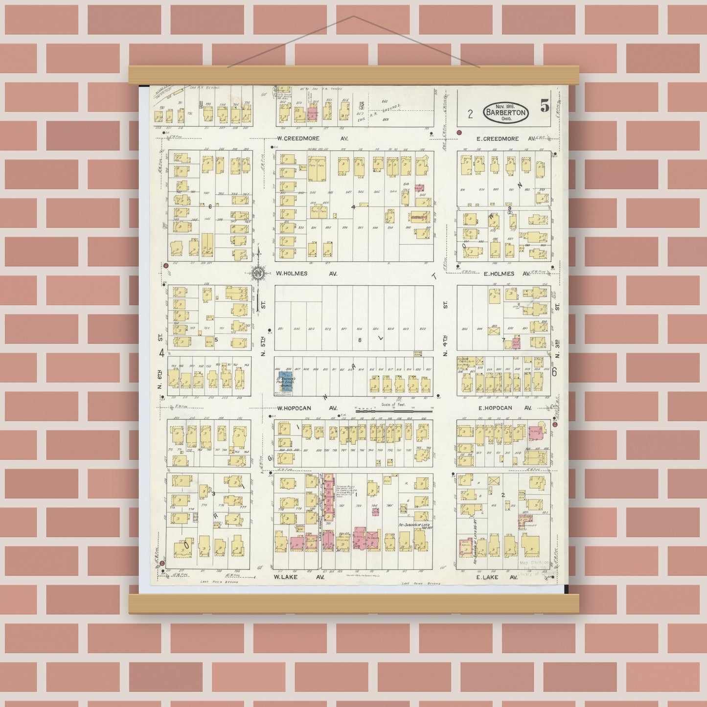 Old map wall art mockup — magnetic wood frame on brick wall — Sanborn Fire Insurance Map from Barberton, Summit County, Ohio (1916), Sheet #0005