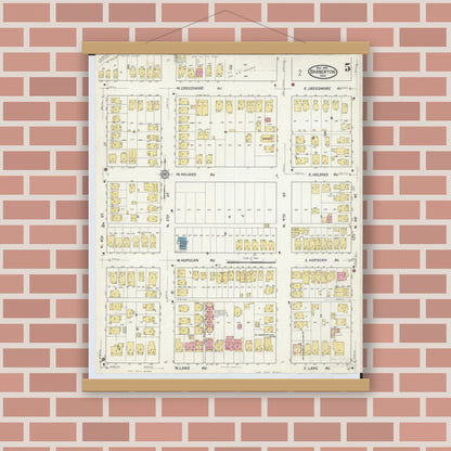 Old map wall art mockup — magnetic wood frame on brick wall — Sanborn Fire Insurance Map from Barberton, Summit County, Ohio (1916), Sheet #0005