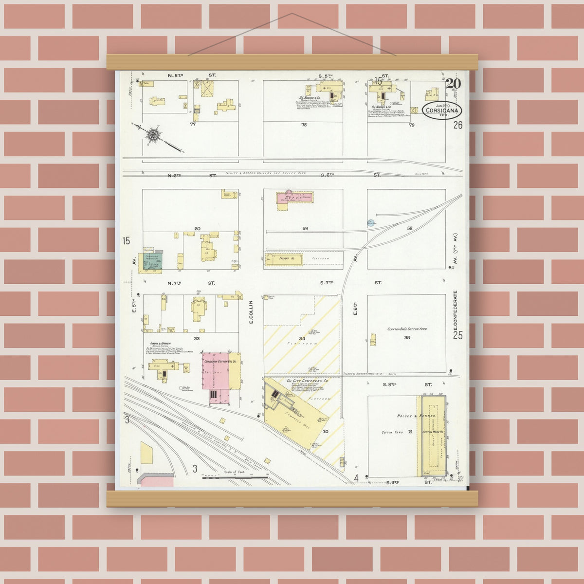Old map wall art mockup — magnetic wood frame on brick wall — Sanborn Map from Corsicana, Navarro County, Texas (1910), Sheet #0020