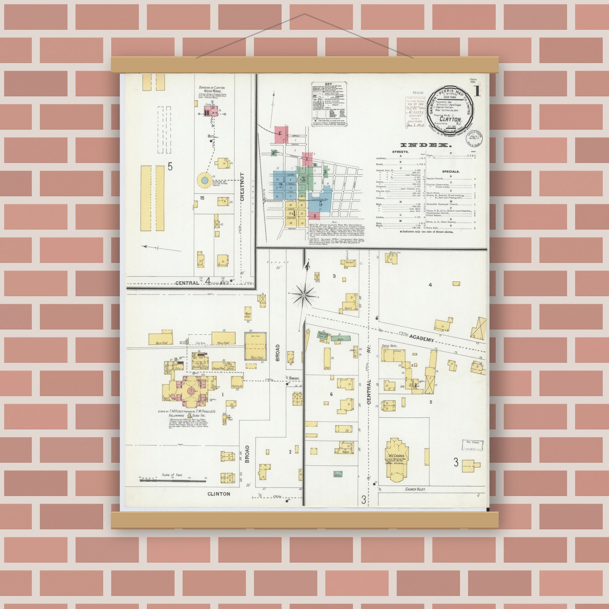 Old map wall art mockup — magnetic wood frame on brick wall — Sanborn Fire Insurance Map from Clayton, Gloucester County, New Jersey (1900), Sheet #0001
