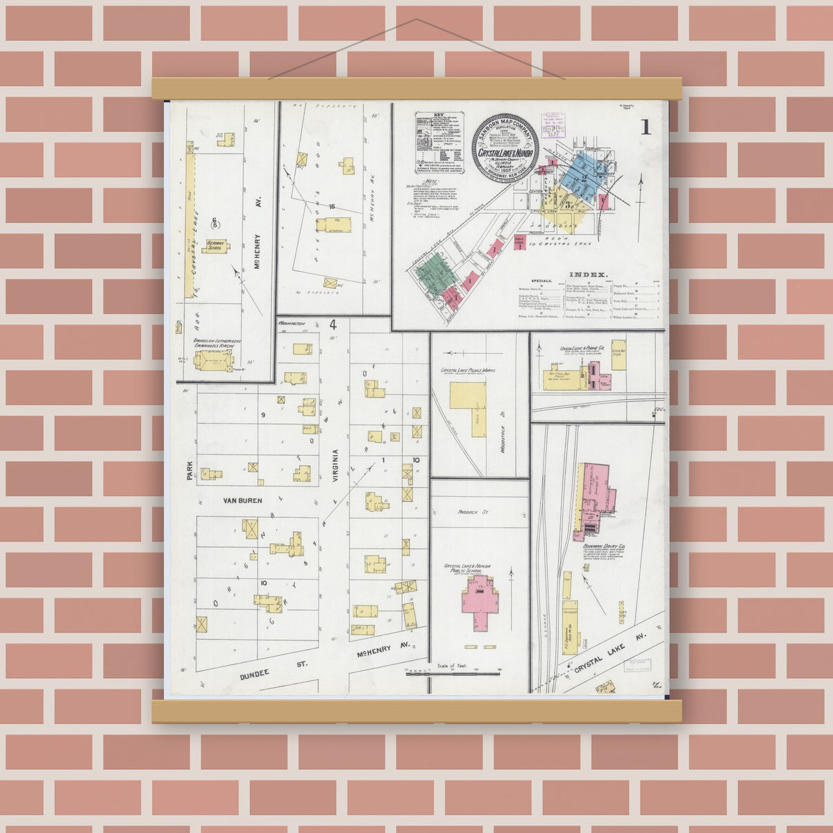 Old map wall art mockup — magnetic wood frame on brick wall — Sanborn Fire Insurance Map from Crystal Lake, McHenry County, Illinois (1905), Sheet #0001