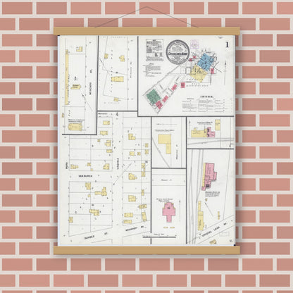 Old map wall art mockup — magnetic wood frame on brick wall — Sanborn Fire Insurance Map from Crystal Lake, McHenry County, Illinois (1905), Sheet #0001