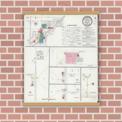 Old map wall art mockup — magnetic wood frame on brick wall — Sanborn Fire Insurance Map from Coal City, Grundy County, Illinois (1907), Sheet #0001