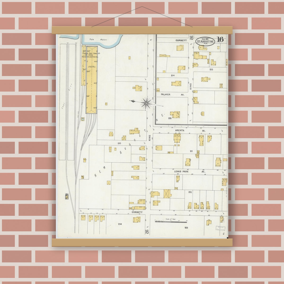 Old map wall art mockup — magnetic wood frame on brick wall — Sanborn Fire Insurance Map from Saint Augustine, Saint John's County, Florida (1904), Sheet #0016