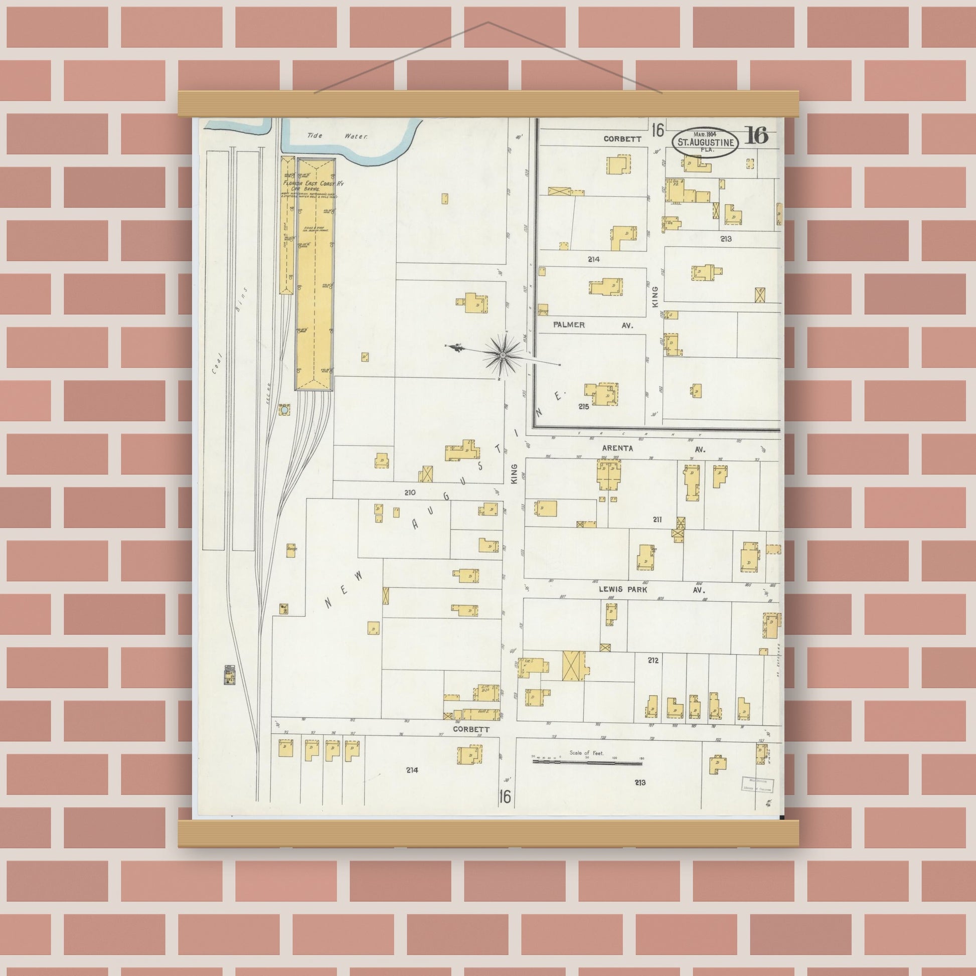 Old map wall art mockup — magnetic wood frame on brick wall — Sanborn Fire Insurance Map from Saint Augustine, Saint John's County, Florida (1904), Sheet #0016