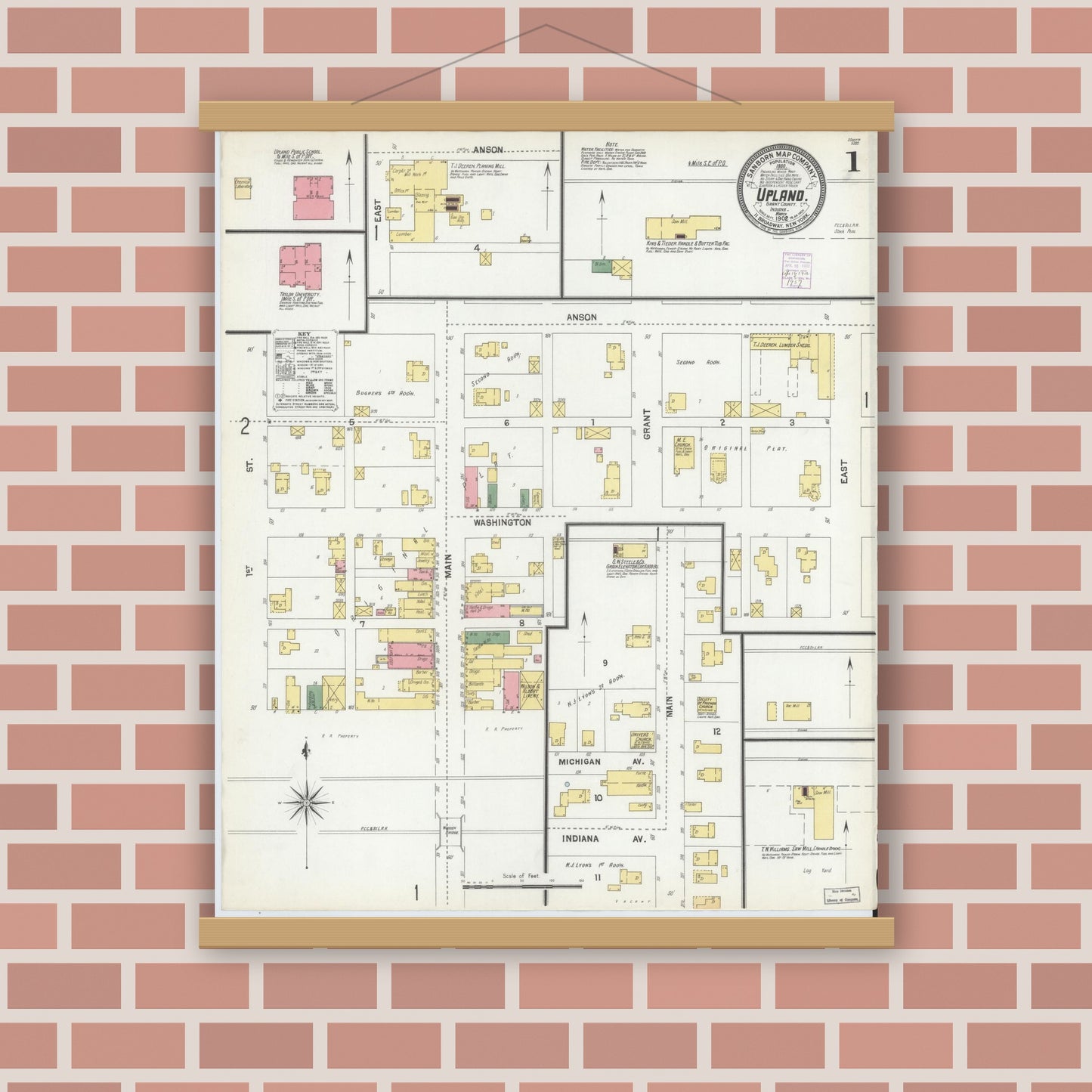 Old map wall art mockup — magnetic wood frame on brick wall — Sanborn Fire Insurance Map from Upland, Grant County, Indiana (1902) - Complete Map Set