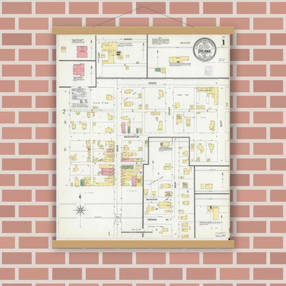 Old map wall art mockup — magnetic wood frame on brick wall — Sanborn Fire Insurance Map from Upland, Grant County, Indiana (1902) - Complete Map Set
