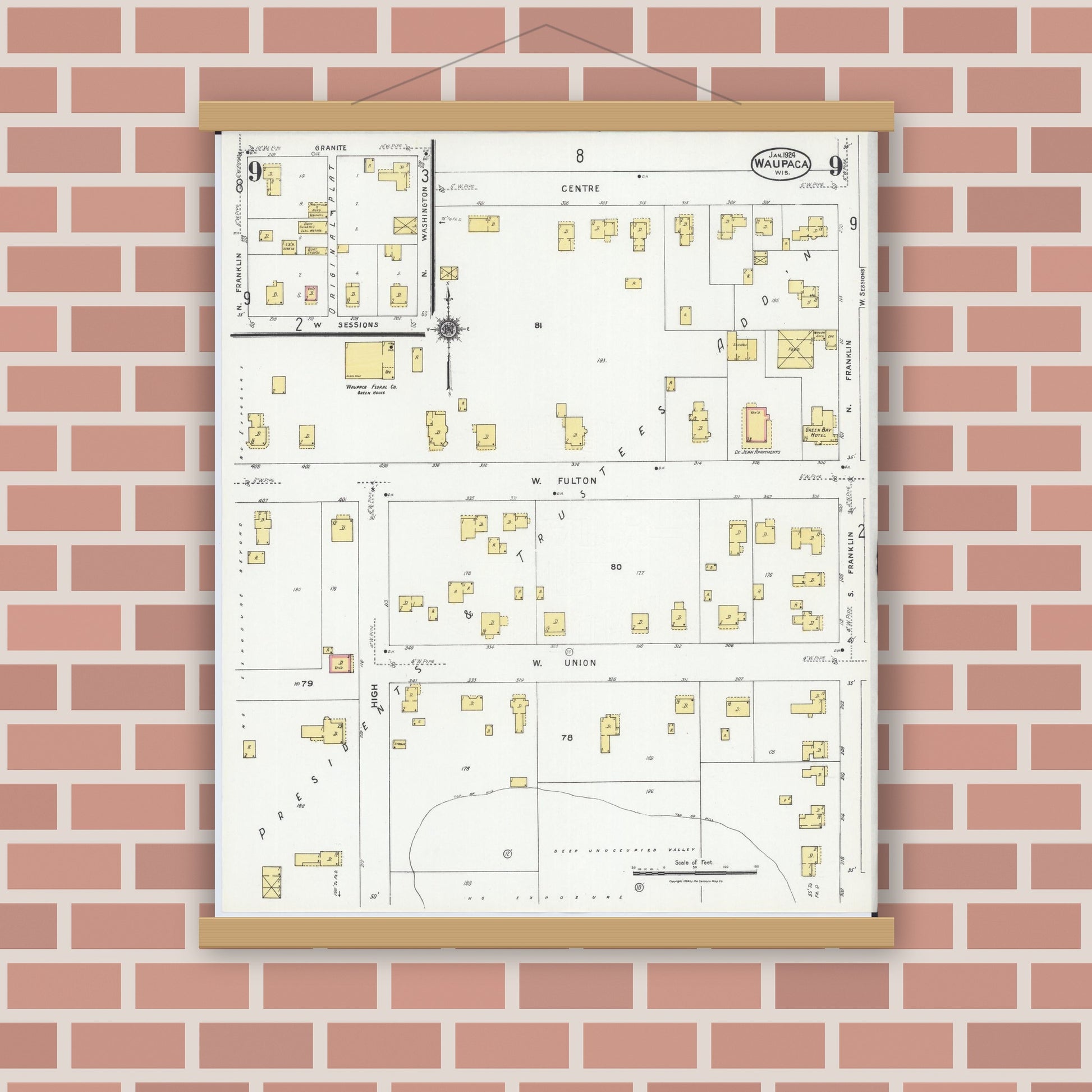Old map wall art mockup — magnetic wood frame on brick wall — Sanborn Fire Insurance Map from Waupaca, Waupaca County, Wisconsin (1924), Sheet #0009