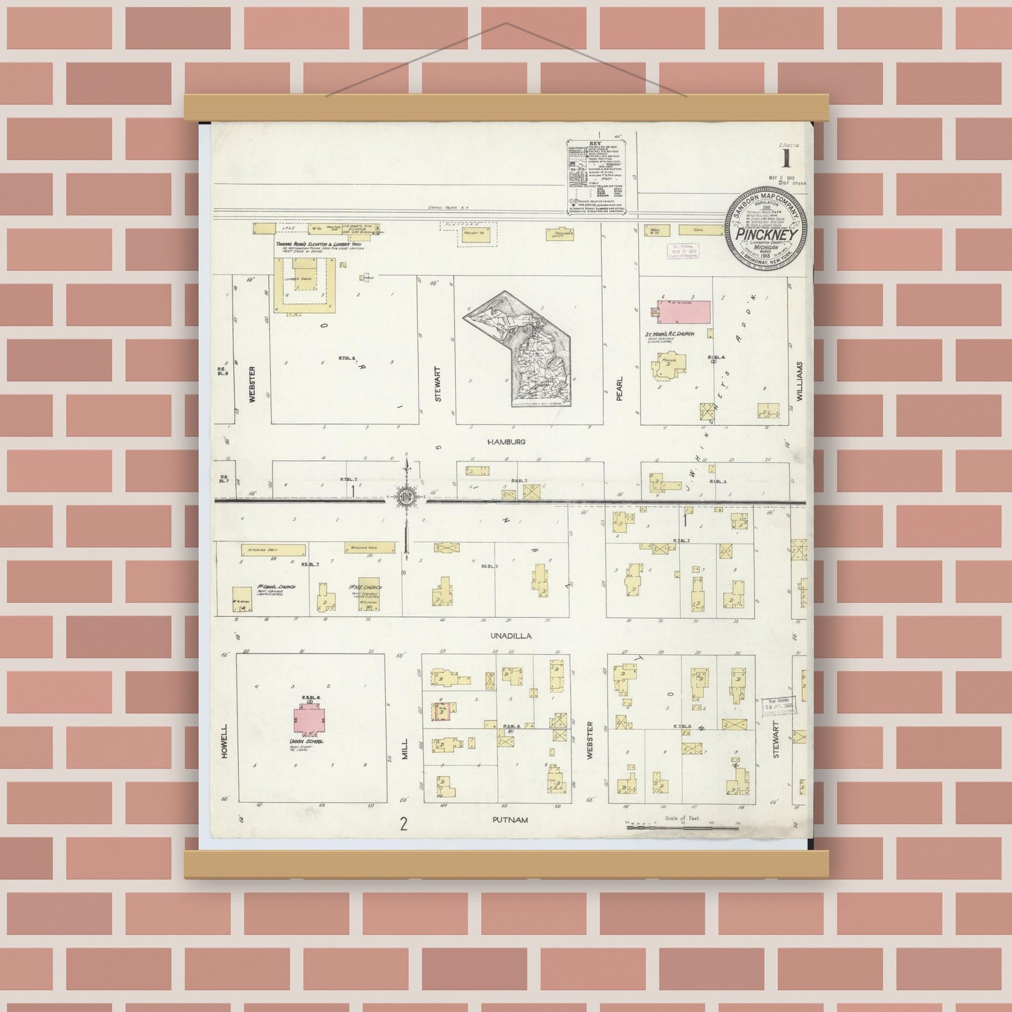 Old map wall art mockup — magnetic wood frame on brick wall — Sanborn Fire Insurance Map from Pinckney, Livingston County, Michigan (1913) - Complete Map Set