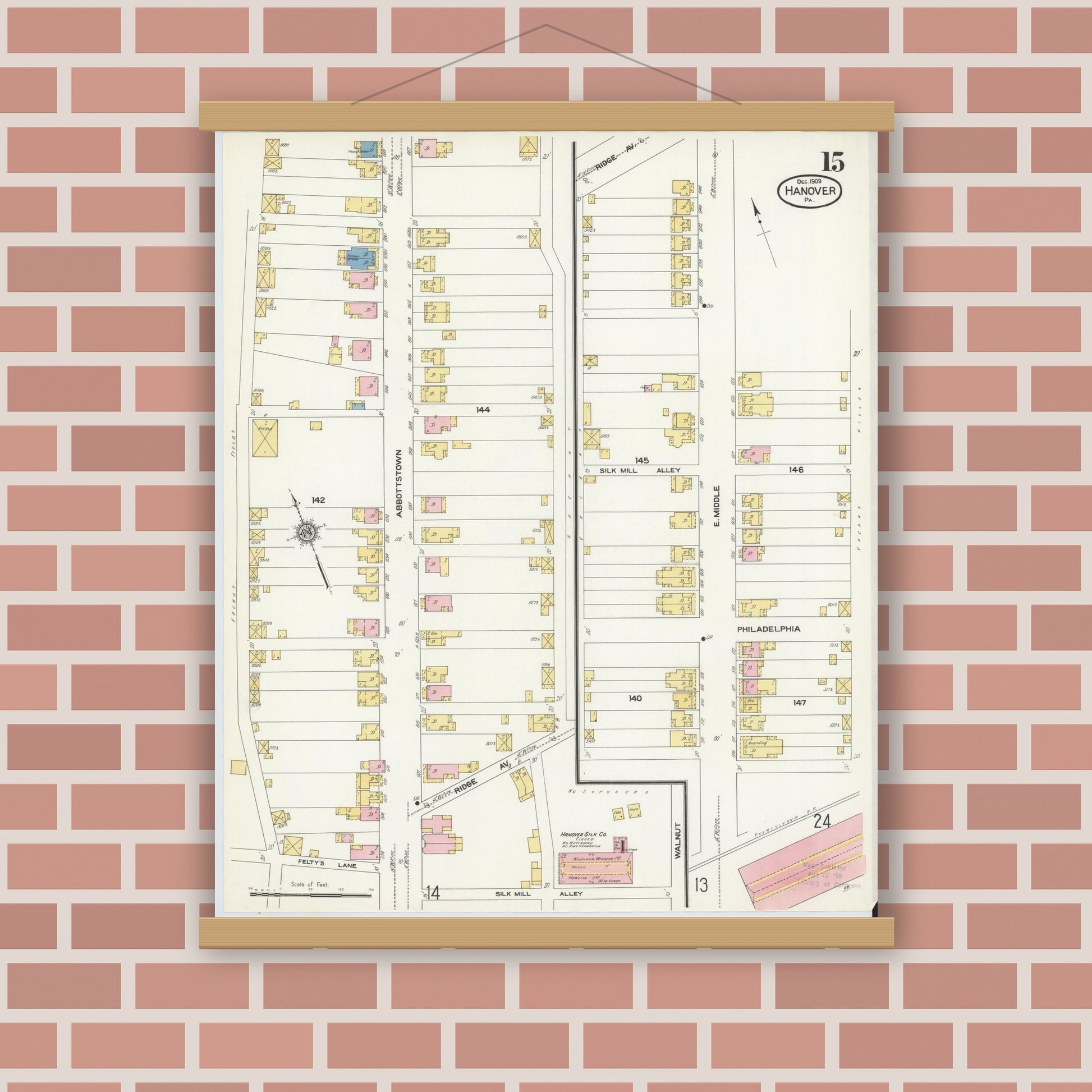 Old map wall art mockup — magnetic wood frame on brick wall — Sanborn Fire Insurance Map from Hanover, York County, Pennsylvania (1909), Sheet #0015