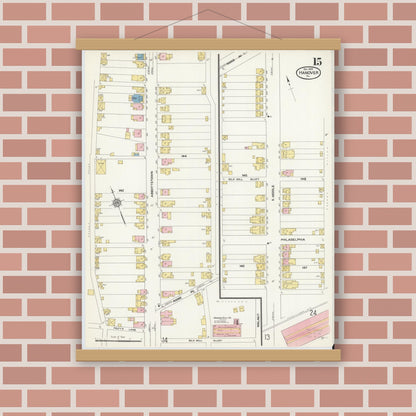 Old map wall art mockup — magnetic wood frame on brick wall — Sanborn Fire Insurance Map from Hanover, York County, Pennsylvania (1909), Sheet #0015