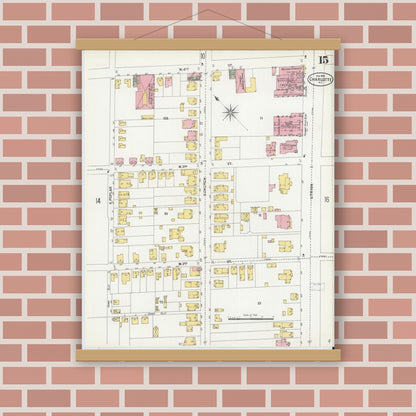 Old map wall art mockup — magnetic wood frame on brick wall — Sanborn Fire Insurance Map from Charlotte, Mecklenburg County, North Carolina (1900), Sheet #0015