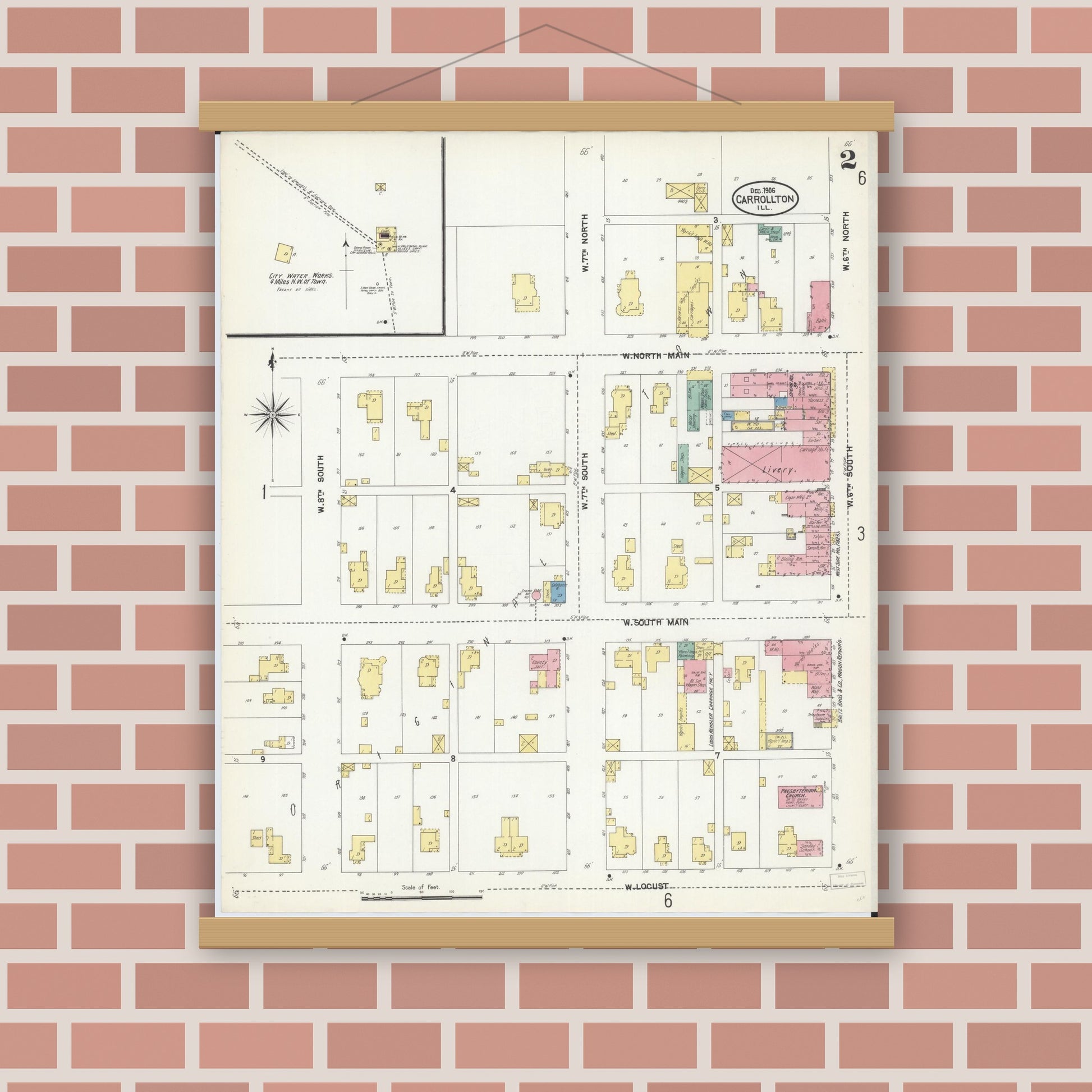 Old map wall art mockup — magnetic wood frame on brick wall — Sanborn Fire Insurance Map from Carrollton, Greene County, Illinois (1906), Sheet #0002
