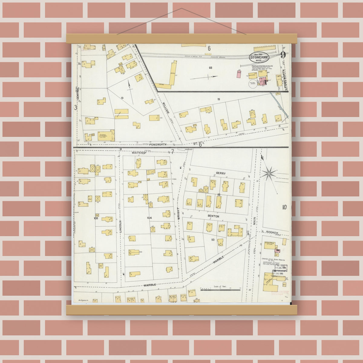Old map wall art mockup — magnetic wood frame on brick wall — Sanborn Fire Insurance Map from Stoneham, Middlesex County, Massachusetts (1903), Sheet #0009