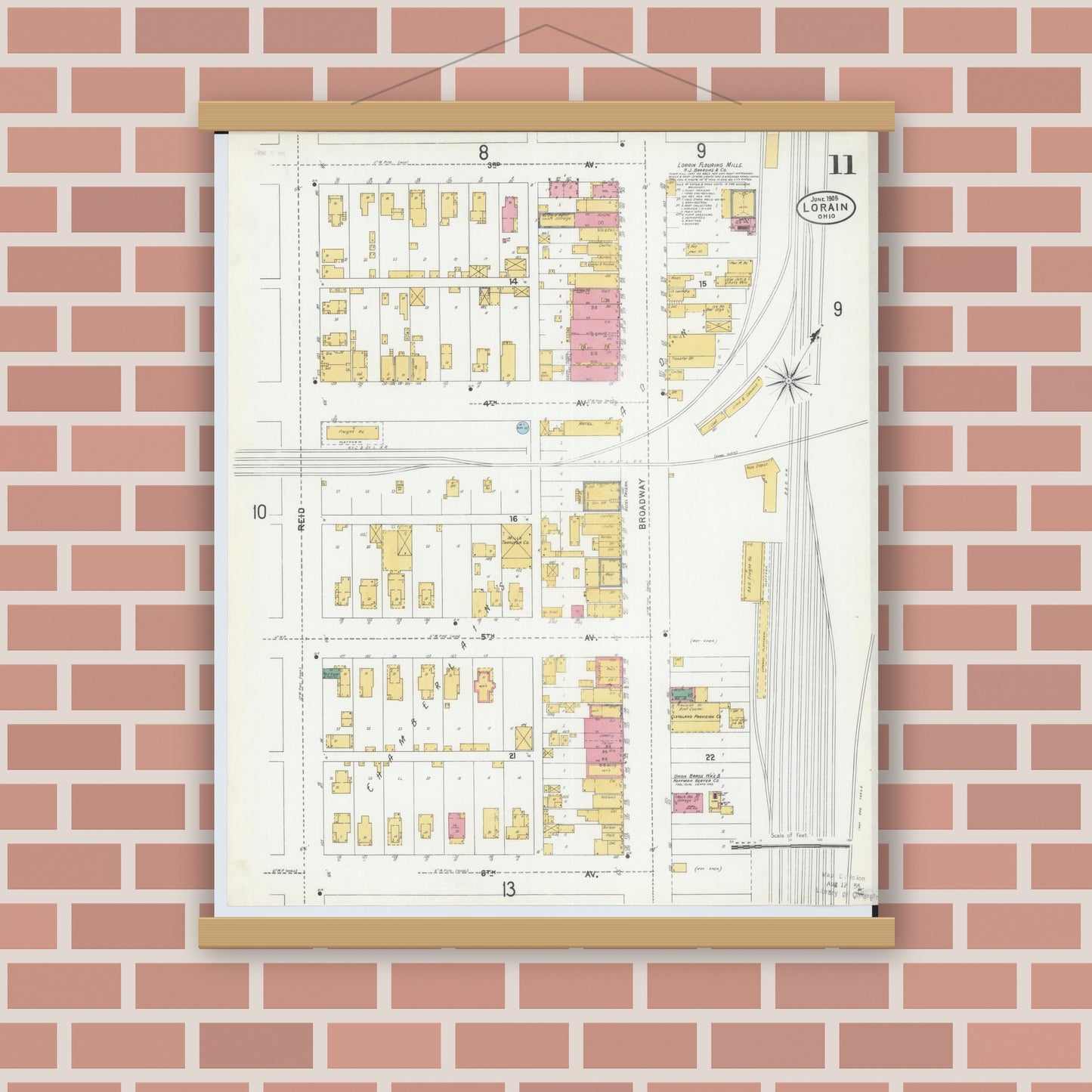 Old map wall art mockup — magnetic wood frame on brick wall — Sanborn Fire Insurance Map from Lorain, Lorain County, Ohio (1905), Sheet #0011