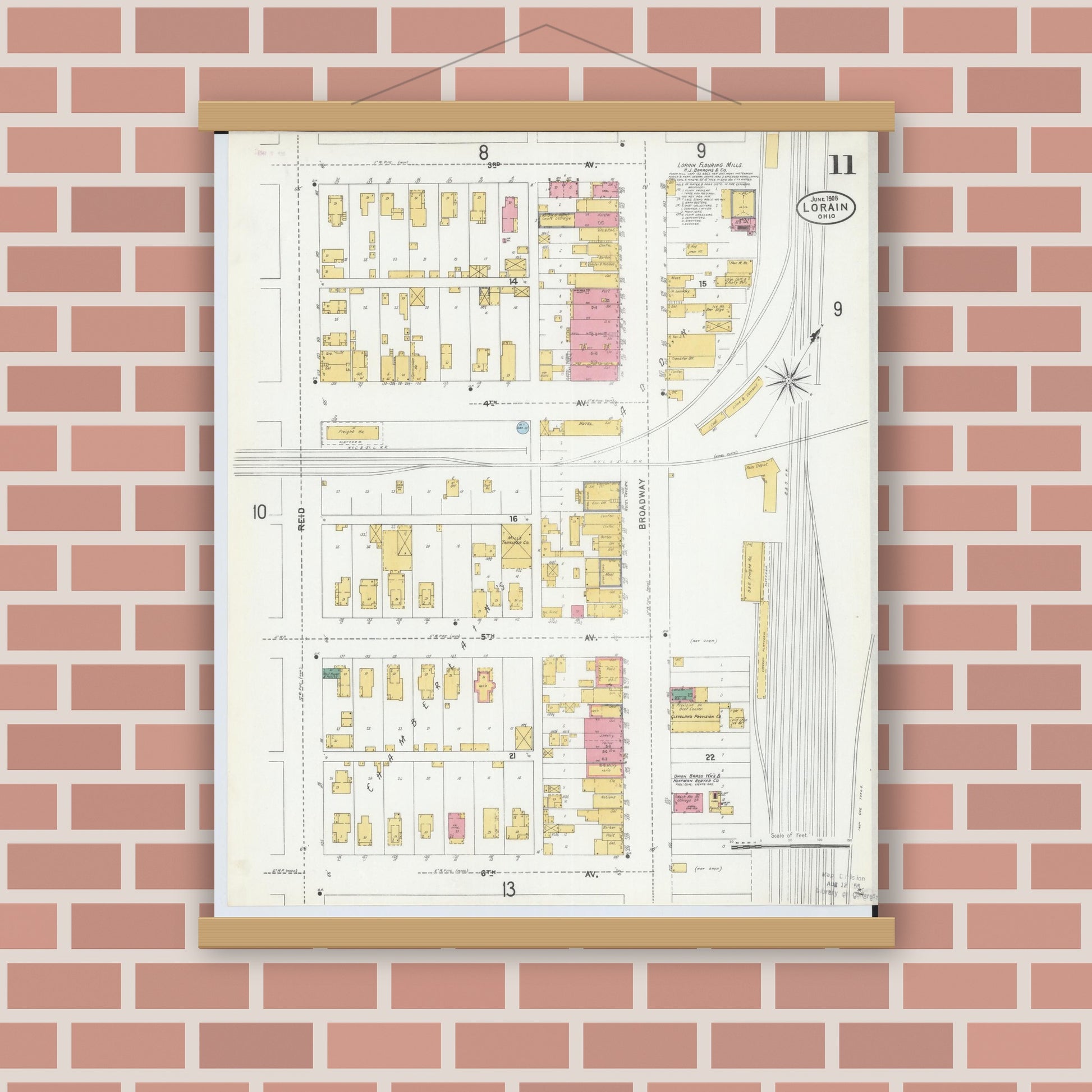 Old map wall art mockup — magnetic wood frame on brick wall — Sanborn Fire Insurance Map from Lorain, Lorain County, Ohio (1905), Sheet #0011