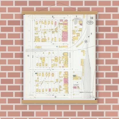 Old map wall art mockup — magnetic wood frame on brick wall — Sanborn Fire Insurance Map from Lorain, Lorain County, Ohio (1905), Sheet #0011