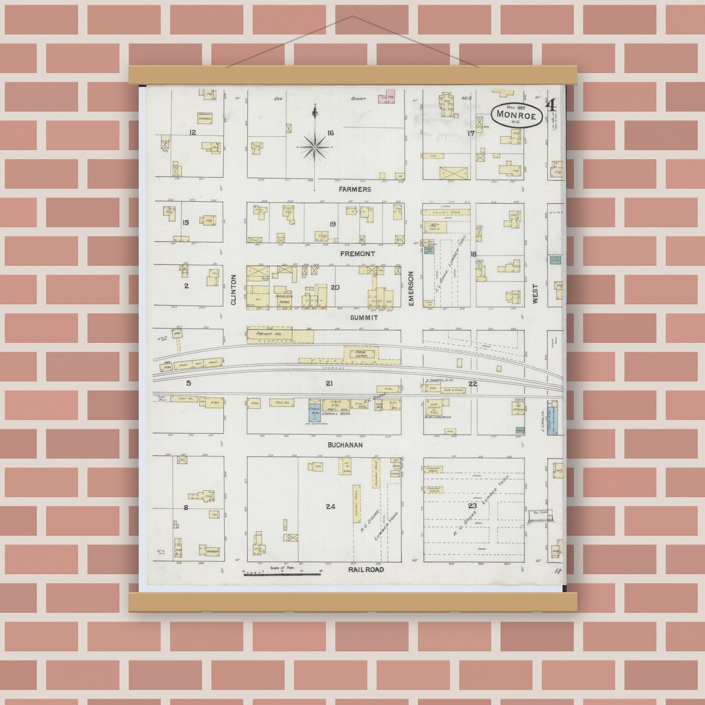 Old map wall art mockup — magnetic wood frame on brick wall — Sanborn Fire Insurance Map from Monroe, Green County, Wisconsin (1889), Sheet #0004