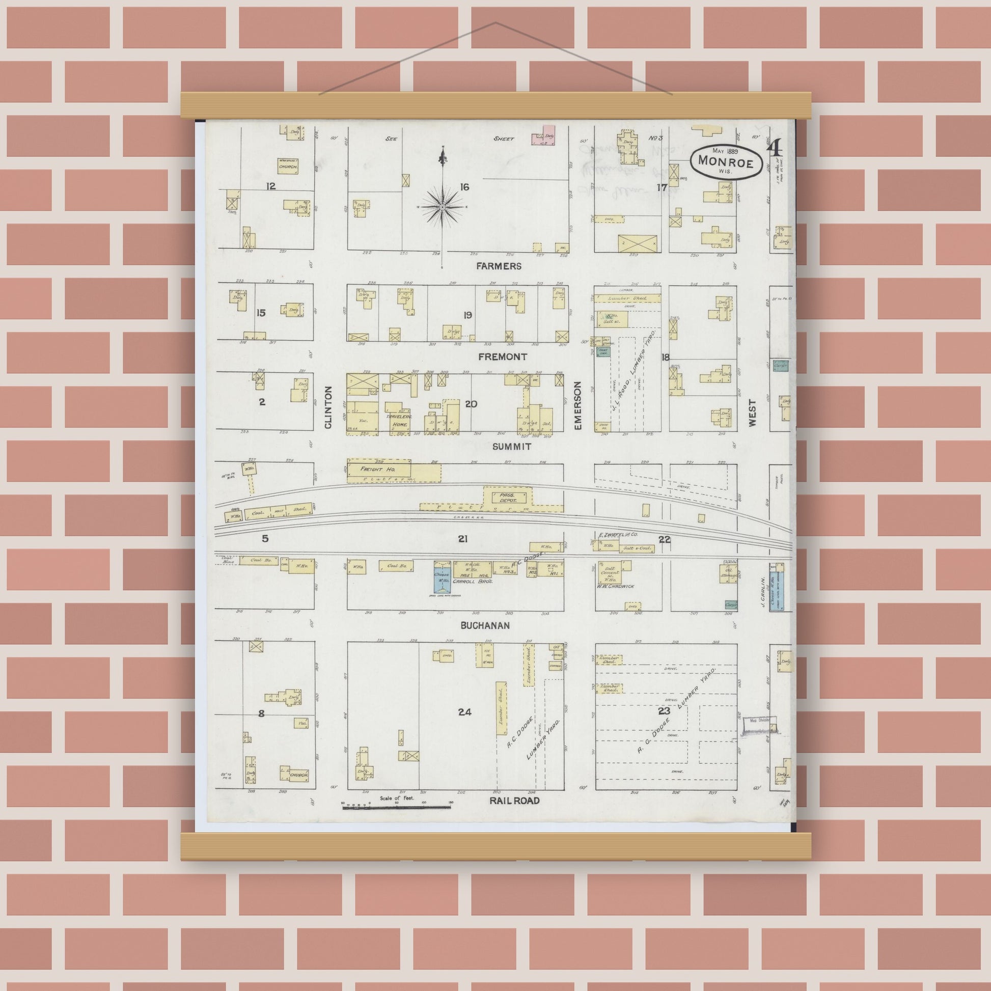 Old map wall art mockup — magnetic wood frame on brick wall — Sanborn Fire Insurance Map from Monroe, Green County, Wisconsin (1889), Sheet #0004
