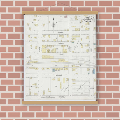 Old map wall art mockup — magnetic wood frame on brick wall — Sanborn Fire Insurance Map from Monroe, Green County, Wisconsin (1889), Sheet #0004