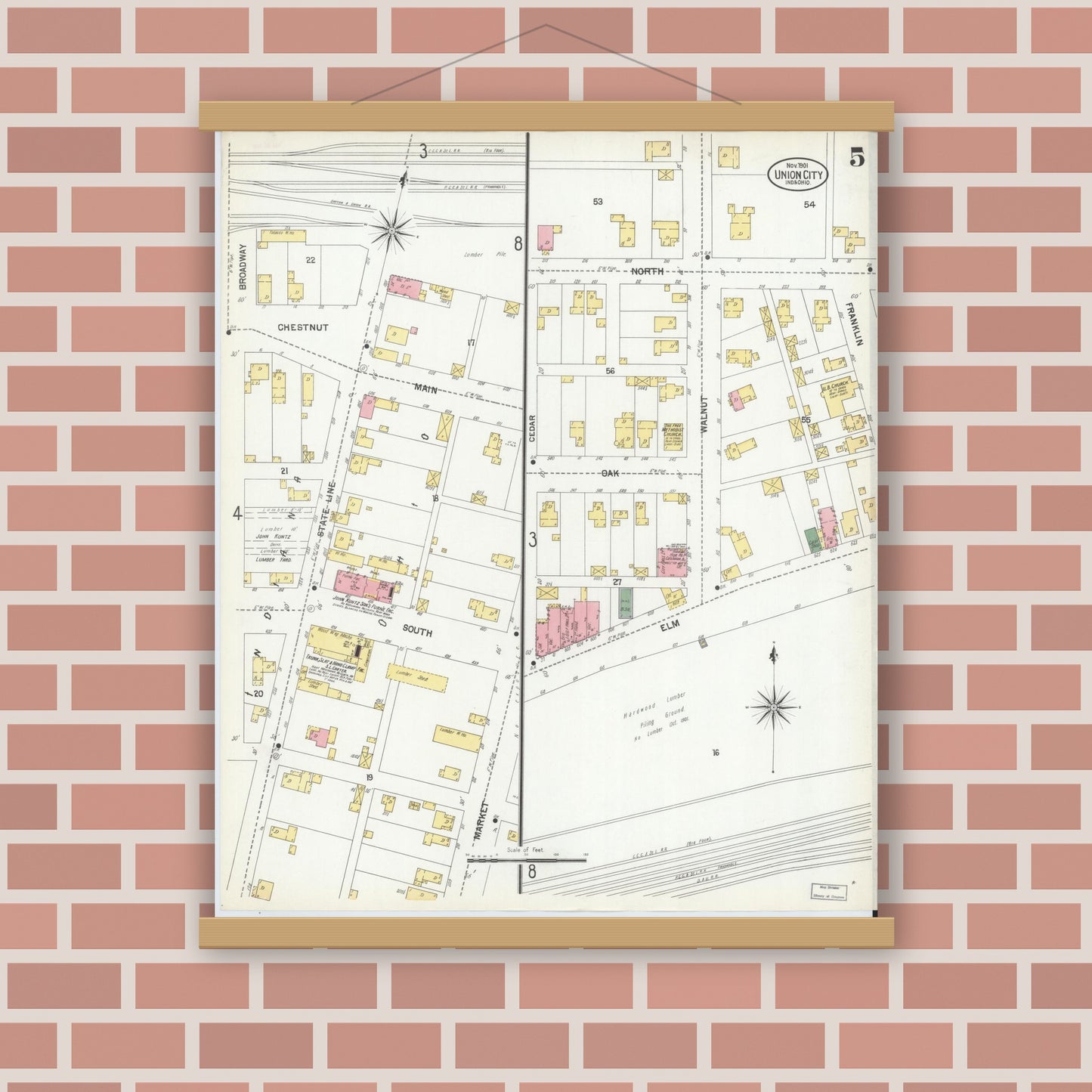 Old map wall art mockup — magnetic wood frame on brick wall — Sanborn Fire Insurance Map from Union City, Randolph County, Indiana (1901), Sheet #0005