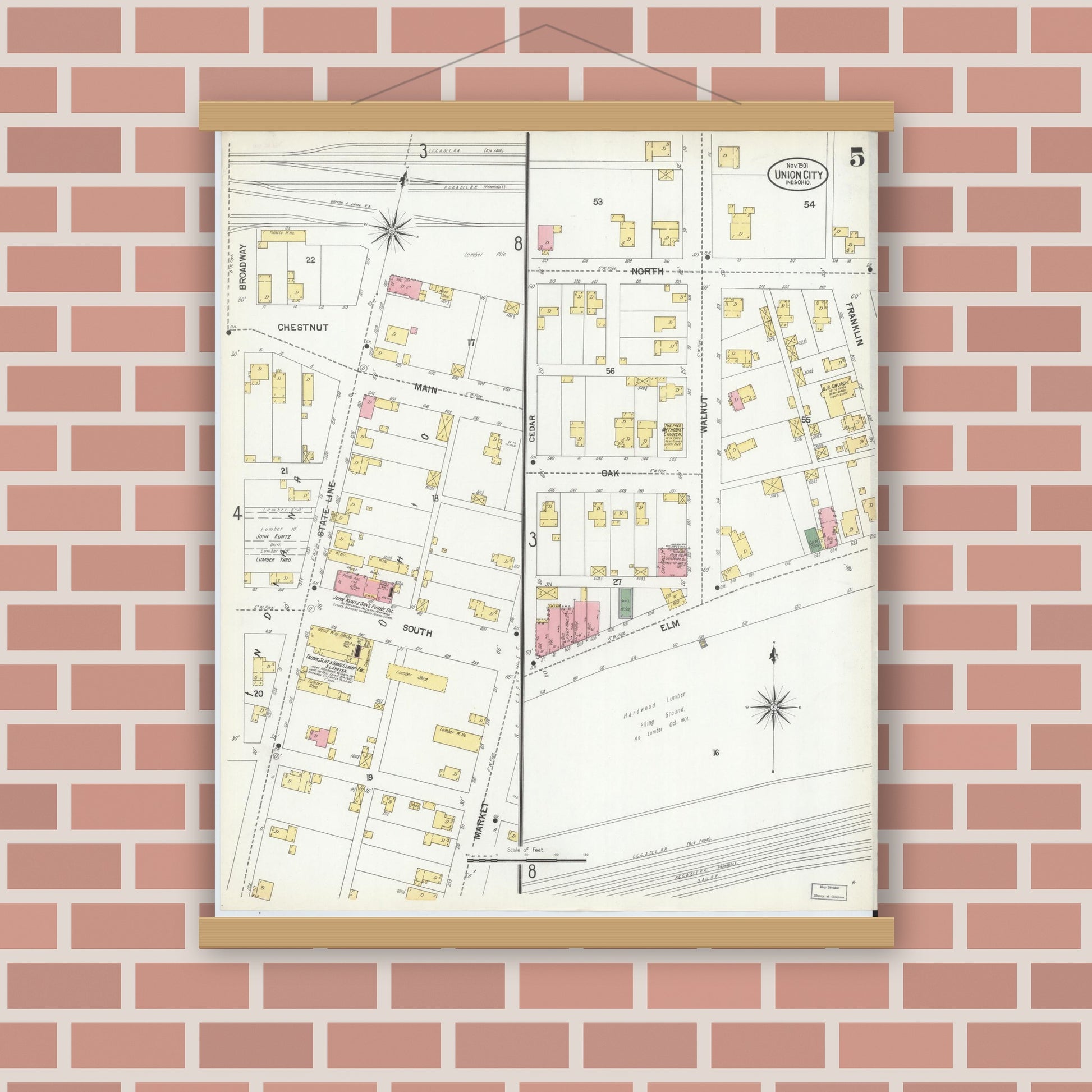 Old map wall art mockup — magnetic wood frame on brick wall — Sanborn Fire Insurance Map from Union City, Randolph County, Indiana (1901), Sheet #0005