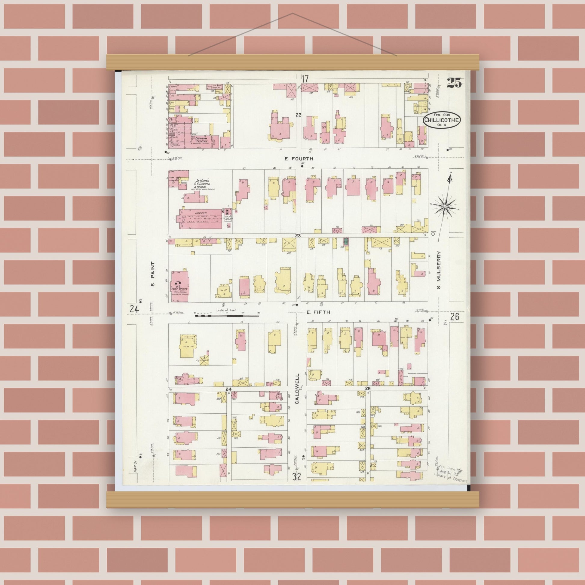 Old map wall art mockup — magnetic wood frame on brick wall — Sanborn Fire Insurance Map from Chillicothe, Ross County, Ohio (1909), Sheet #0025