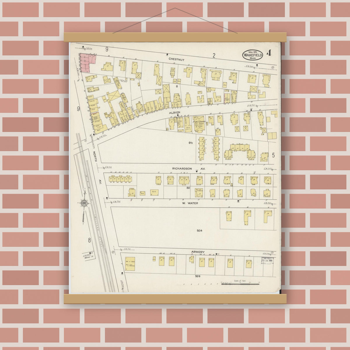 Old map wall art mockup — magnetic wood frame on brick wall — Sanborn Fire Insurance Map from Wakefield, Middlesex County, Massachusetts (1915), Sheet #0004