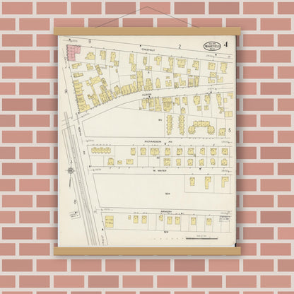 Old map wall art mockup — magnetic wood frame on brick wall — Sanborn Fire Insurance Map from Wakefield, Middlesex County, Massachusetts (1915), Sheet #0004