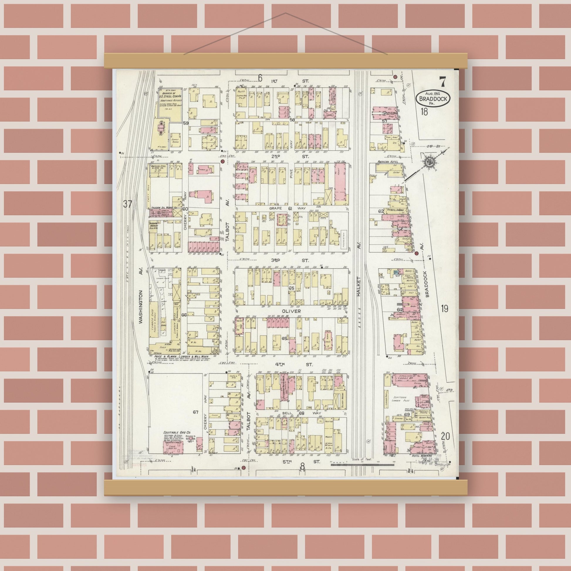 Old map wall art mockup — magnetic wood frame on brick wall — Sanborn Fire Insurance Map from Braddock, Allegheny County, Pennsylvania (1914), Sheet #0007