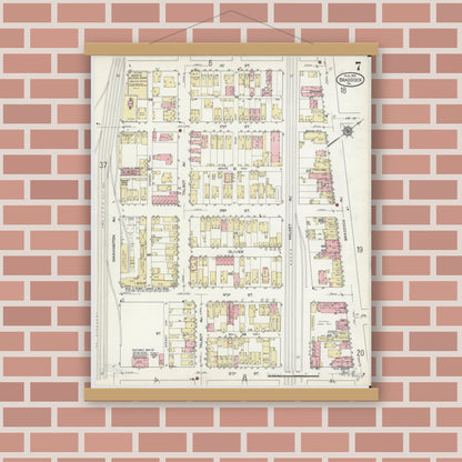 Old map wall art mockup — magnetic wood frame on brick wall — Sanborn Fire Insurance Map from Braddock, Allegheny County, Pennsylvania (1914), Sheet #0007