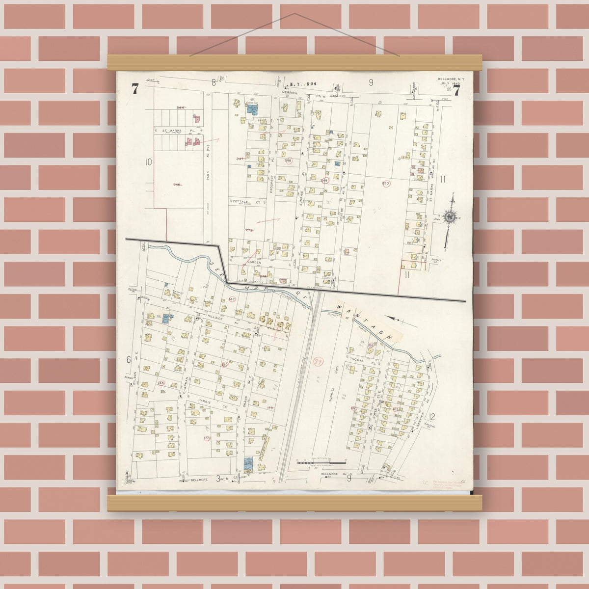 Old map wall art mockup — magnetic wood frame on brick wall — Sanborn Fire Insurance Map from Bellmore, Nassau County, New York (1945), Sheet #0007