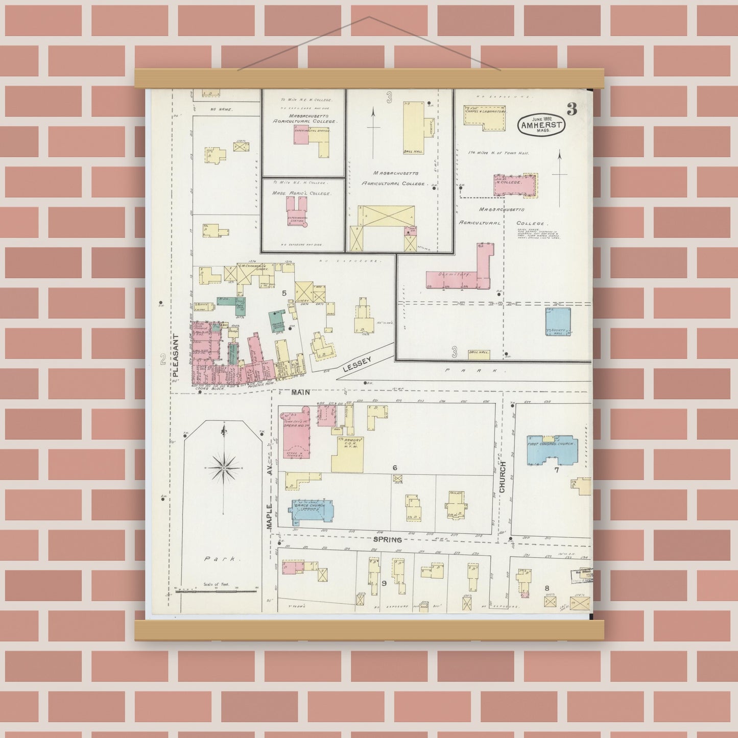Old map wall art mockup — magnetic wood frame on brick wall — Sanborn Fire Insurance Map from Amherst, Hampshire County, Massachusetts (1892), Sheet #0003