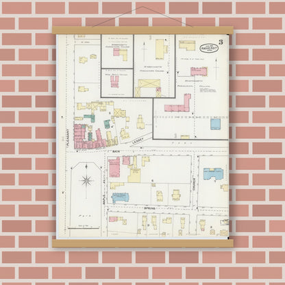 Old map wall art mockup — magnetic wood frame on brick wall — Sanborn Fire Insurance Map from Amherst, Hampshire County, Massachusetts (1892), Sheet #0003