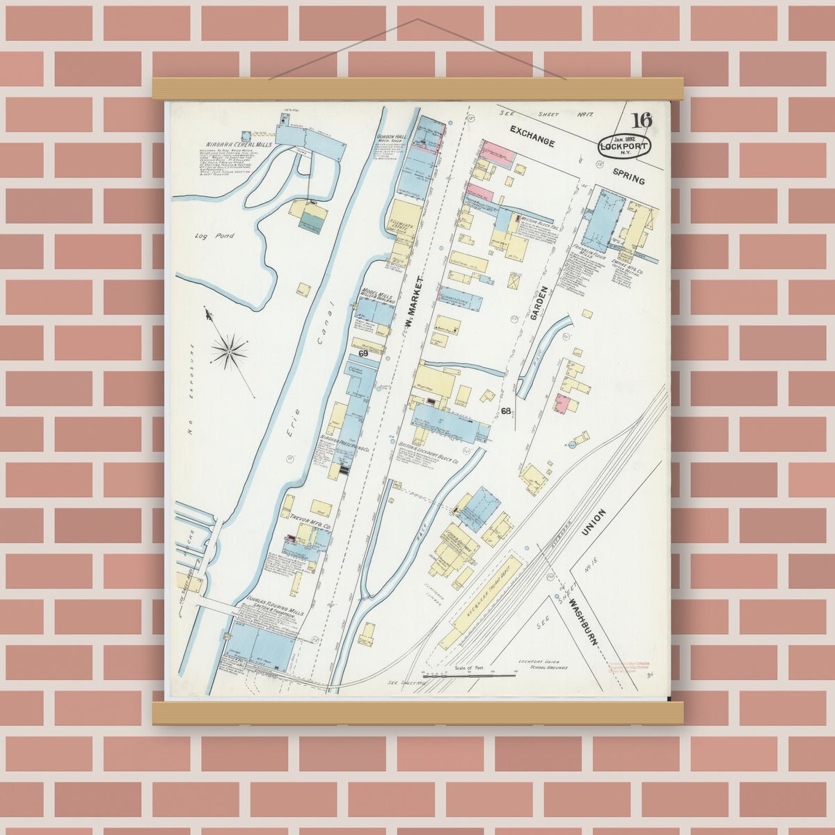 Old map wall art mockup — magnetic wood frame on brick wall — Sanborn Fire Insurance Map from Lockport, Niagara County, New York (1892), Sheet #0016