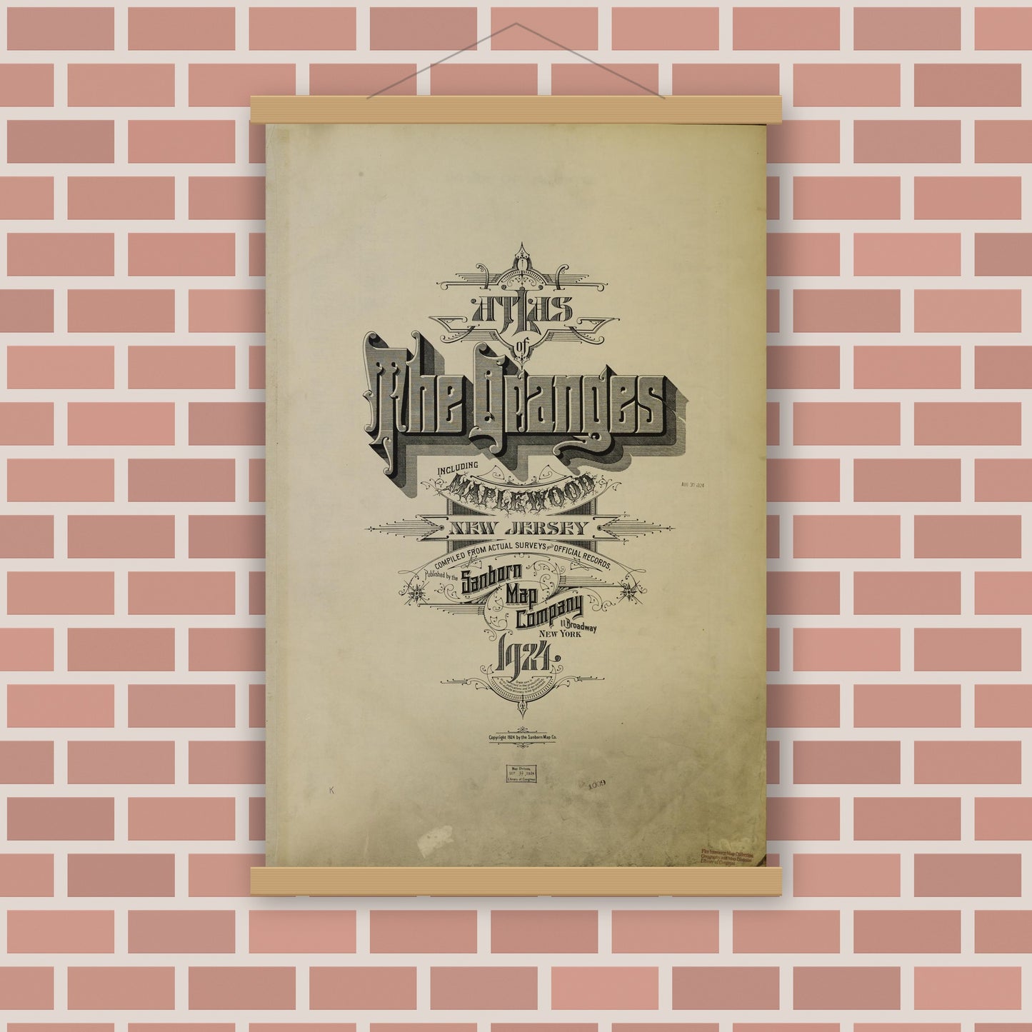 Old map wall art mockup — magnetic wood frame on brick wall — Sanborn Fire Insurance Map from Orange, Essex County, New Jersey (1924), Sheet #0001