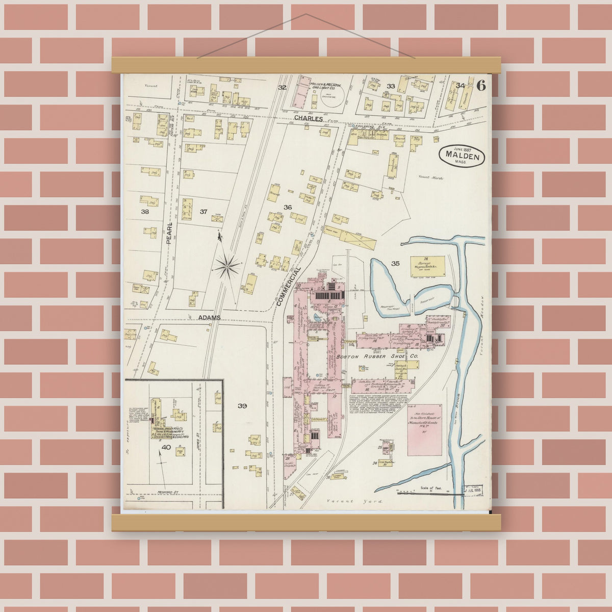 Old map wall art mockup — magnetic wood frame on brick wall — Sanborn Fire Insurance Map from Malden, Middlesex County, Massachusetts (1887), Sheet #0006