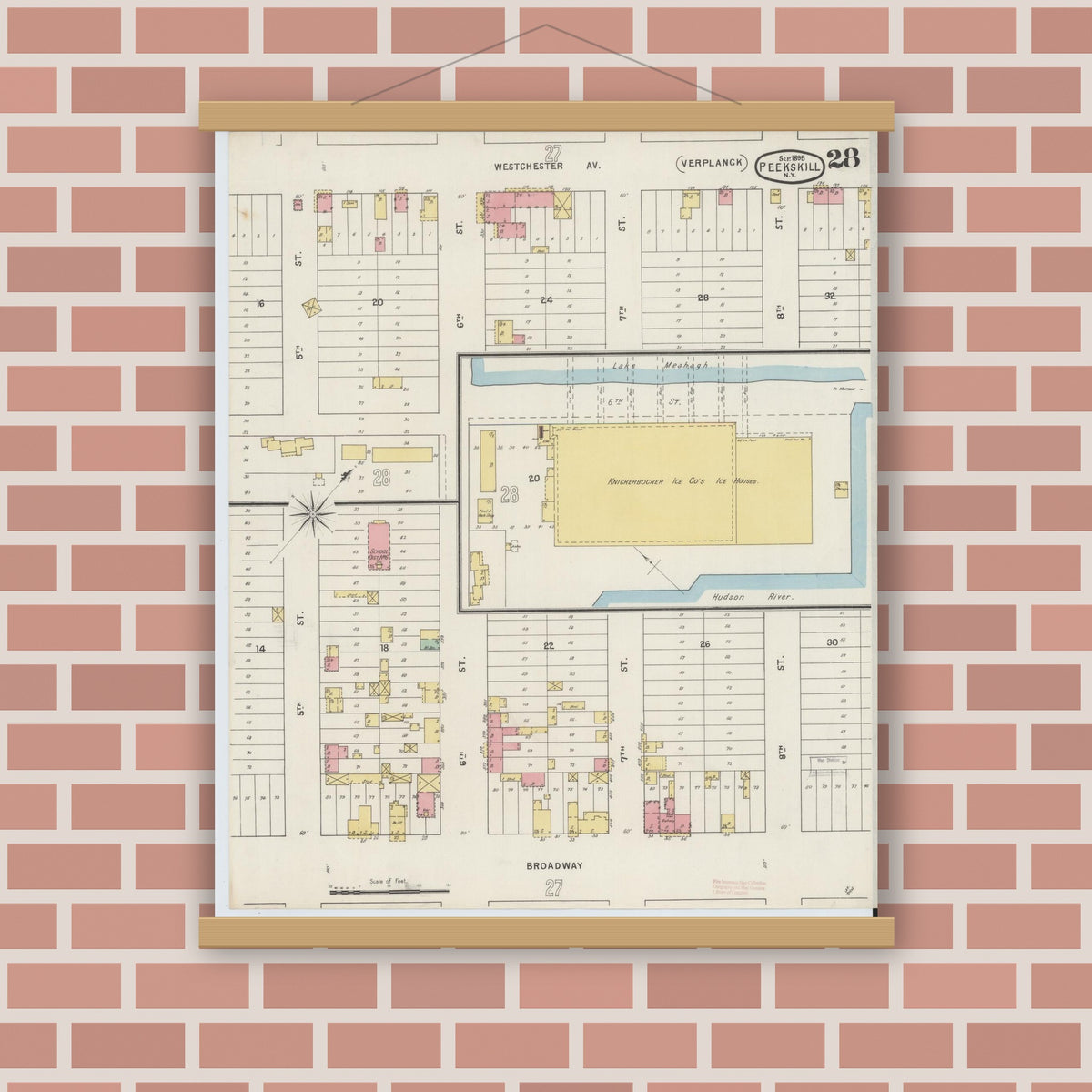 Old map wall art mockup — magnetic wood frame on brick wall — Sanborn Fire Insurance Map from Peekskill, Westchester County, New York (1895), Sheet #0028