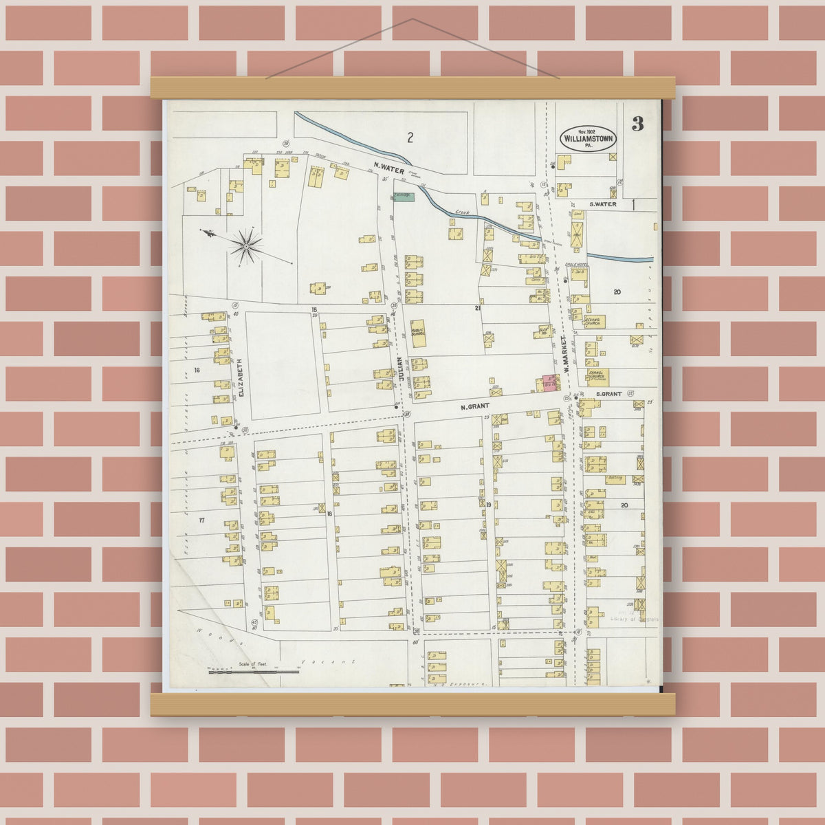 Old map wall art mockup — magnetic wood frame on brick wall — Sanborn Fire Insurance Map from Williamstown, Dauphin County, Pennsylvania (1902), Sheet #0003