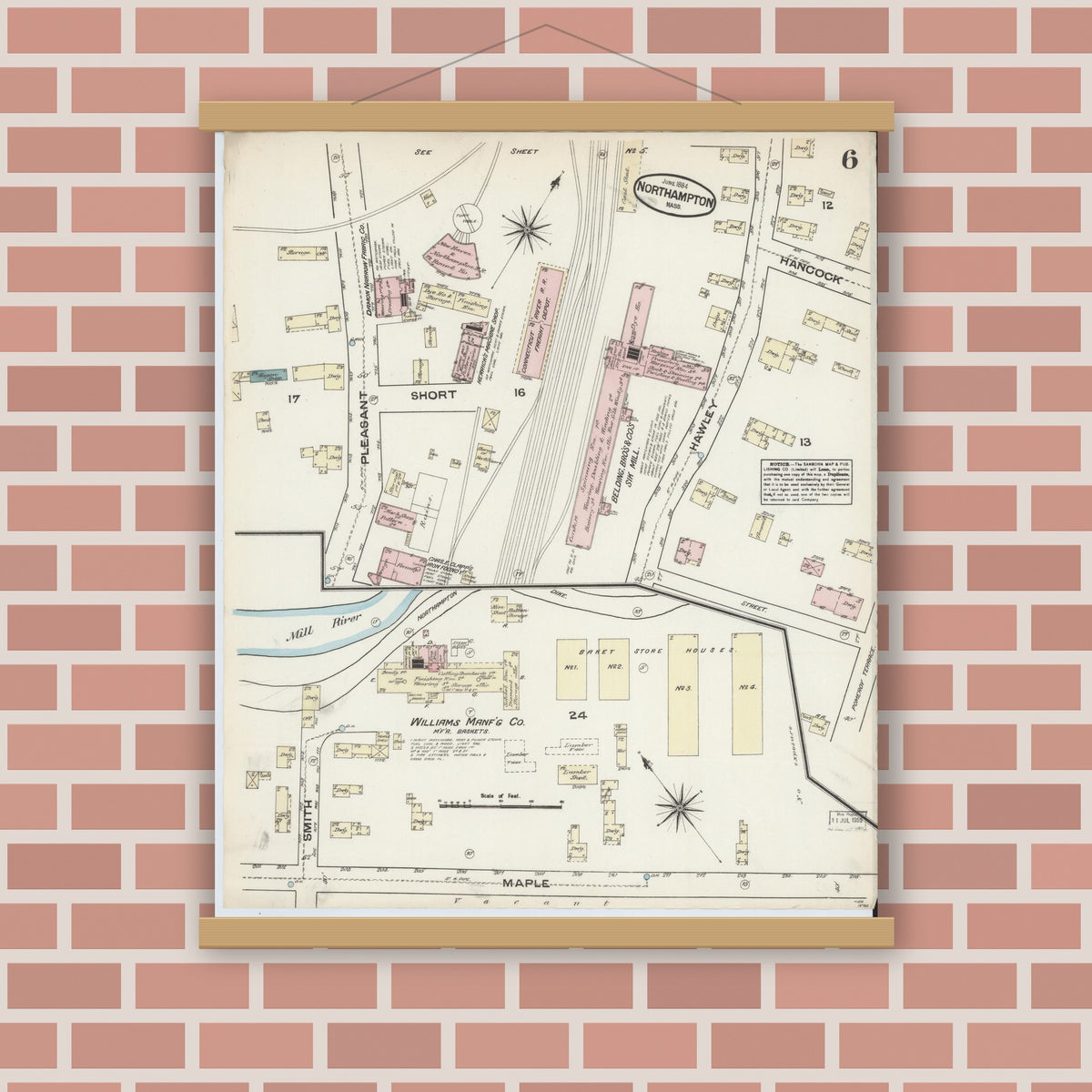 Old map wall art mockup — magnetic wood frame on brick wall — Sanborn Fire Insurance Map from Northampton, Hampshire County, Massachusetts (1884), Sheet #0006